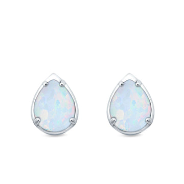 Solitaire Teardrop Pear Stud Earrings Lab Created White Opal 925 Sterling Silver